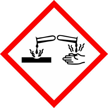 Skin corrosion symbol depicting corrosive materials affecting hands and surface, vector  