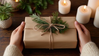 Hands holding a Christmas gift box with spruce branch and string, celebrating winter holidays with candles and festive decor