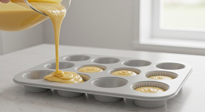 Pouring Cake Batter into Muffin Tin for Baking
