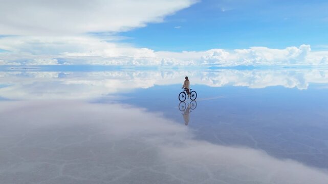 A woman cycling across the expansive Salar de Uyuni salt flats in Bolivia, capturing the surreal beauty of the reflected sky