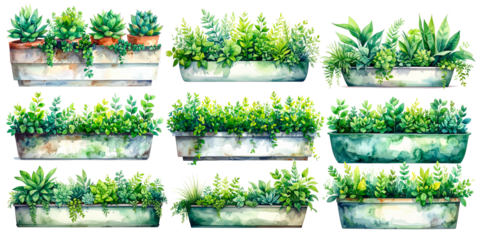 Watercolor green planter illustration set
