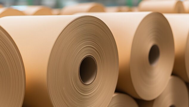 Large brown paper rolls standing in a warehouse, ready for processing into packaging and sustainable products