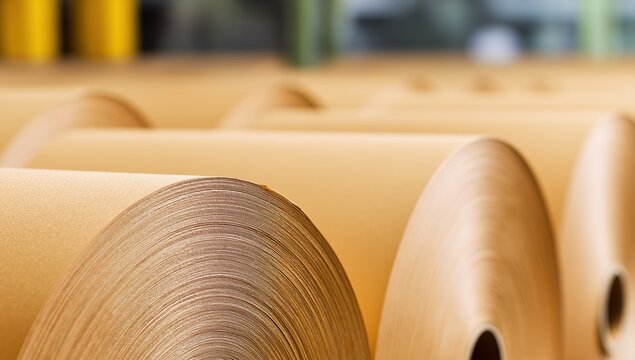 Large rolls of brown paper or cardboard moving along a conveyor in a factory, representing industry, manufacturing, and raw material