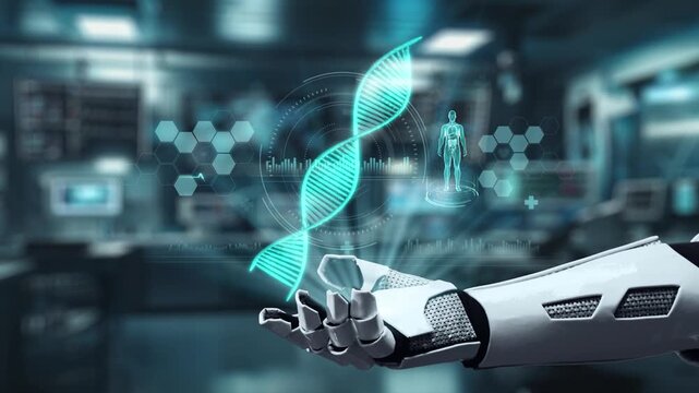 Close up of robotic hand pointing and tapping at DNA hologram with blur laboratory background. Robotic hand clicking at DNA icon to access and connect medical data to diagnosis symptom. Salubrious.