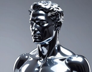 Polished Chrome Sculpture of a Muscular Mans Torso and Head.