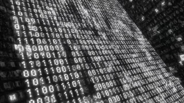 Binary code matrix with glowing digital numbers and abstract background.