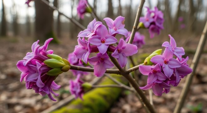 Daphne mezereum blooming in the forest during springtime.