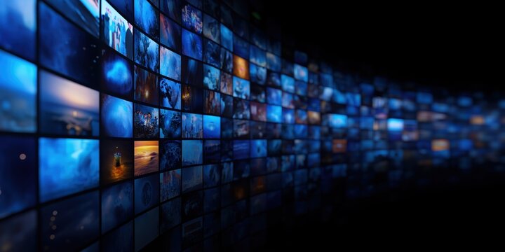 Screens displaying various videos and images, representing broadcast, streaming, communication, and global digital media content