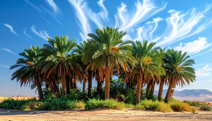 Fototapeta premium Cluster of palm trees in desert oasis with blue sky and wispy clouds