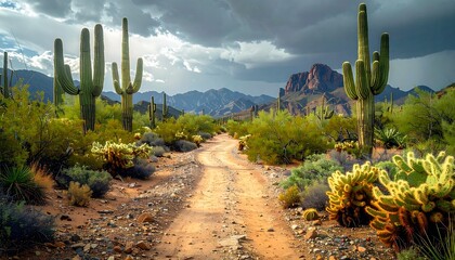 Dirt road winding through desert landscape with cacti and mountains under stormy sky