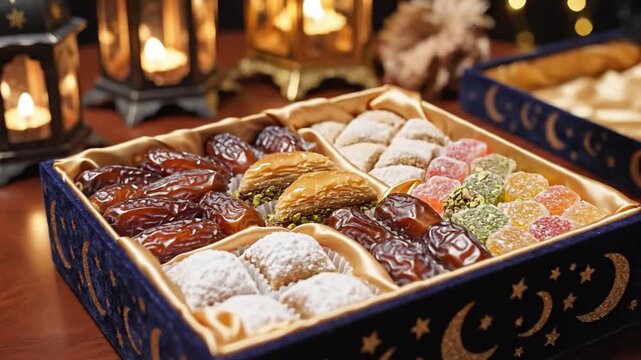 A visually rich and elegant presentation of assorted traditional sweets and succulent dates, meticulously arranged within a luxurious deep blue velvet gift box. The opulent box is beautifully adorned 
