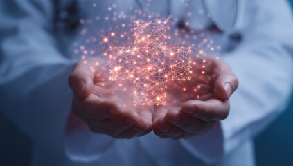 Doctor hands creating a network data medical cross, symbolizing global health, innovation, and technological advancement in medicine
