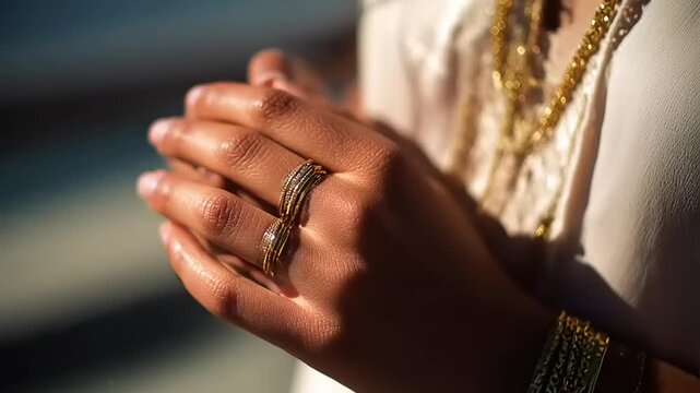Hands clasped together wear multiple gold rings and bracelets in a soft natural light setting.