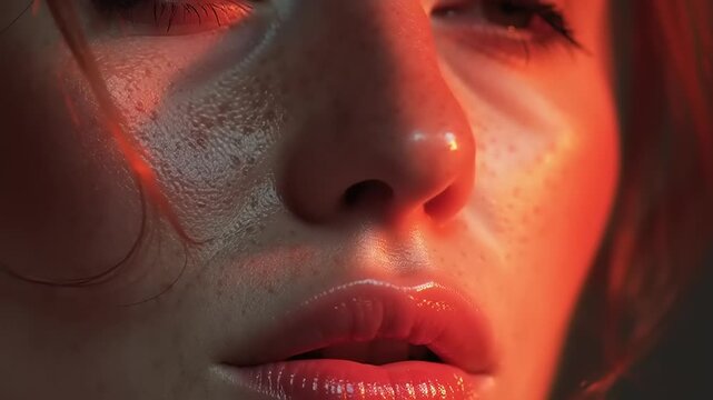 Woman displays her natural freckled skin texture under warm atmospheric lighting.