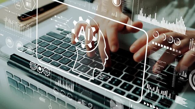 Hands Typing on Laptop with Artificial Intelligence Graphics and Data Visualizations in Modern Technology Concept. Asymptotic smart data analytic.