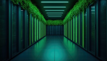 Server racks integrating green plants and neon lights, representing sustainable data storage and eco-friendly information technology