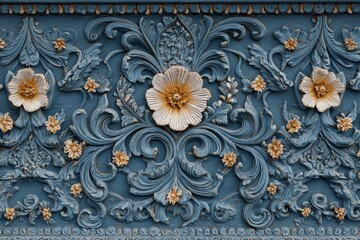 Obraz premium Intricate floral relief carving displays rich texture and contrasting colors on a building facade