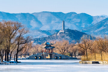 Winter sunset scenery of Willow Bridge and Yufeng Pagoda in the Summer Palace, Beijing, China