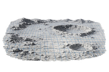 Astronomical body terrain data visualization showing a grid over a moon surface with craters, transparent background