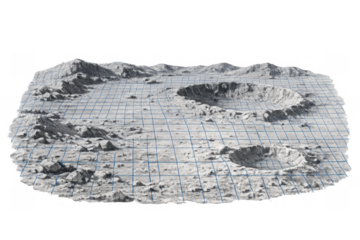 Astronomical body terrain data visualization showing a grid over a moon surface with craters, transparent background