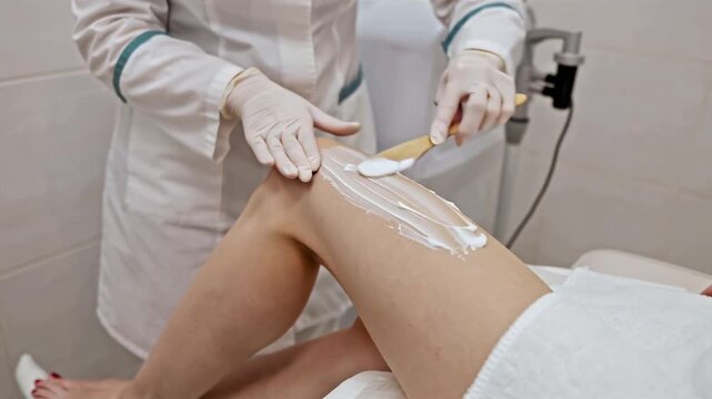 A cosmetologist's hands apply sugaring paste to a client's leg with a spatula in a salon.