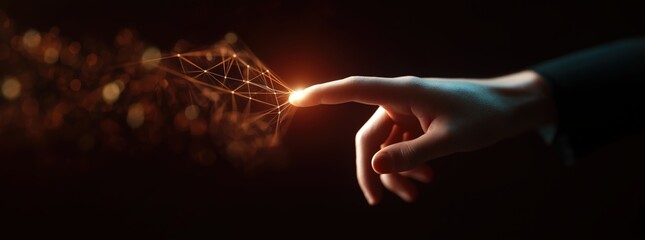 Hand touching an illuminated abstract network, symbolizing digital interaction, data exchange, and future technology on a dark background