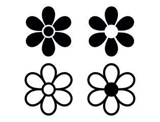 A set of four simple black and white flower icons on a clean white background