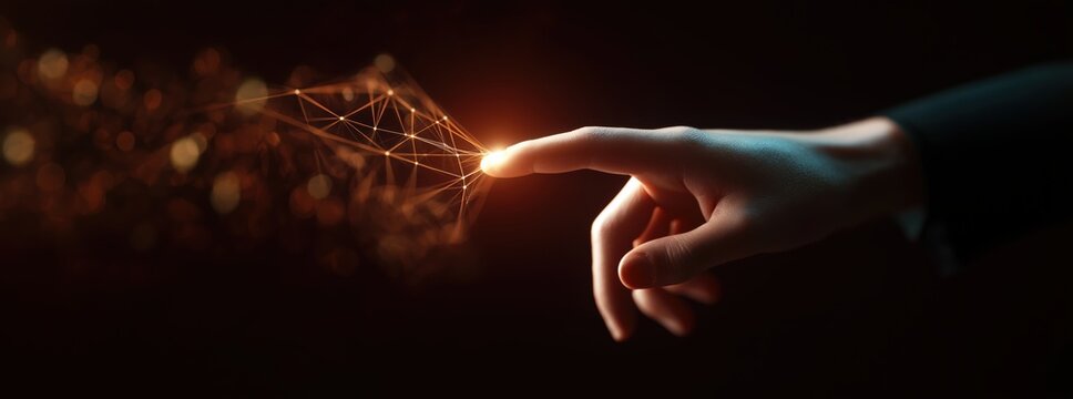 Hand touching an illuminated abstract network, symbolizing digital interaction, data exchange, and future technology on a dark background - Powered by Adobe