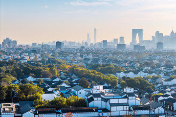 Aerial view of Suzhou Museum and Pingjiang Road in the old city of Suzhou, Jiangsu Province, China.