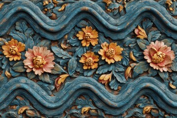 Intricate floral and wave pattern adorns a richly textured, carved wooden surface