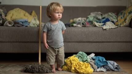 Fototapeta premium Little boy standing near messy sofa and pile of clothes, childhood and home disorder