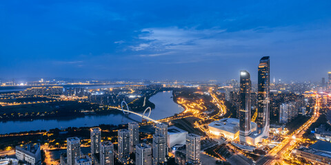 Obraz premium Aerial view of the night skyline of Nanjing Youth Olympic Center in Nanking, Jiangsu Province, China
