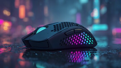 RGB Gaming Mouse with Neon Cyberpunk Lighting on Futuristic Dark Background