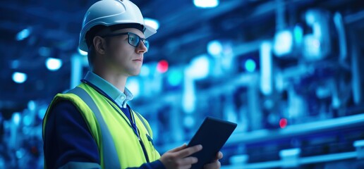 Engineer wearing hard hat and safety vest, holding tablet, monitoring industrial automation and manufacturing systems