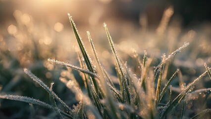Dew Drops on Grass at Sunrise with Golden Bokeh Background