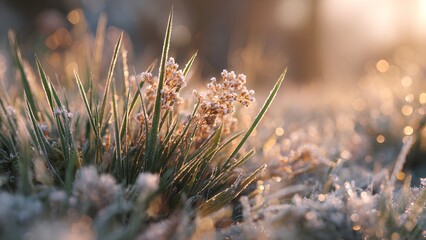 Dew Drops on Grass at Sunrise with Golden Bokeh Background