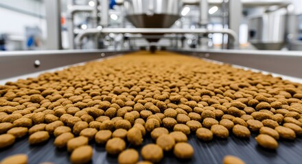 Obraz premium Close up of pet food pellets on conveyor belt in modern manufacturing factory facility showing automated process for high quality animal nutrition production line with stainless steel equipment