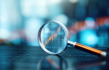 Magnifying glass analyzing financial grid pattern with growing line graph, representing data analytics and market research