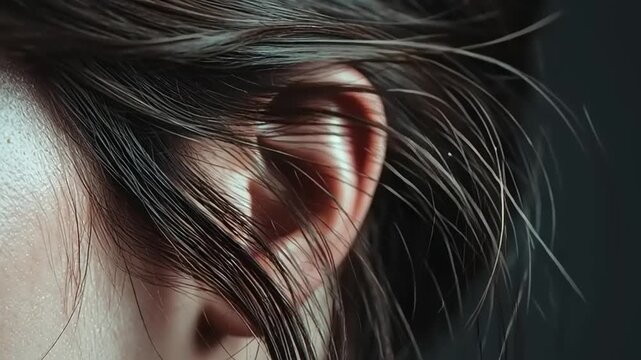 Ear and dark hair of a young woman are captured in a close-up shot that highlights natural skin texture and soft lighting.