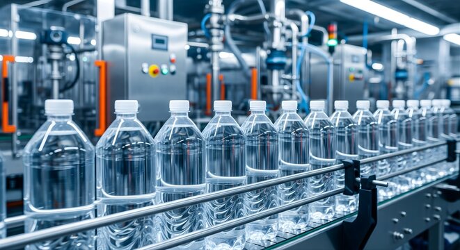 Water bottling plant production line with plastic bottles moving along conveyor belt in clean industrial facility equipped with high tech automated machinery for beverage manufacturing and supply
