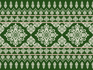 Luxury Vintage Thai Traditional Floral Ornament Pattern on Dark Green Background for Elegant Textile, Wedding Invitation, and Packaging Design
