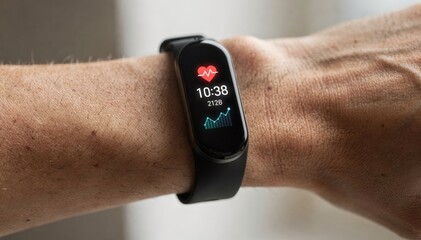 Close medium shot of a persons wrist featuring a sleek band sensor capturing realtime health metrics with background softly blurred.