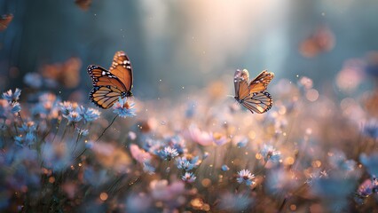 Butterflies Flying Over Wildflowers in Soft Dreamy Light