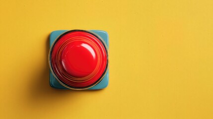 Top view of red glossy button on blue base against yellow background, minimal concept with bold colors and modern design.