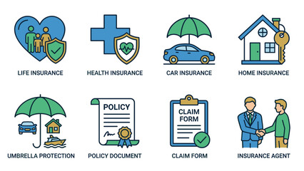 Insurance icons set. Life health car home protection. Umbrella coverage. Policy document. Claim form. Agent. Security safety. Flat line vector. Finance business. Risk management.