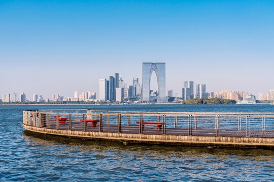 Skyline scenery of the boardwalk along Jinji Lake in Suzhou, Jiangsu Province, China