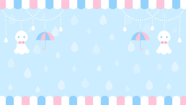 雨 梅雨 てるてる坊主 傘 かわいい VTuber 配信 サムネイル バナー デザイン 背景 イラスト