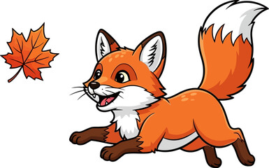 Obraz premium Cute cartoon fox running happily with an autumn maple leaf perfect for seasonal and children s content