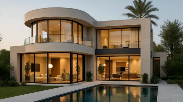 Modern luxury home with large glass windows, captured at eye-level. Evening lighting enhances elegance. Ideal for real estate video tours. Live desktop wallpaper.