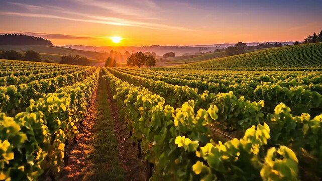 Vibrant vineyard at sunset, showcasing lush rows of grapevines.